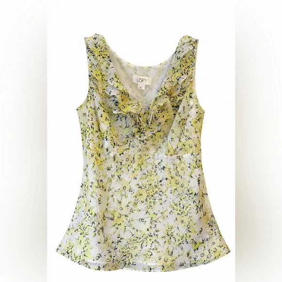 Yellow Floral Ruffle Neck Blouse Tank Top LOFT Size 4 Feminine Spring - Picture 2 of 8